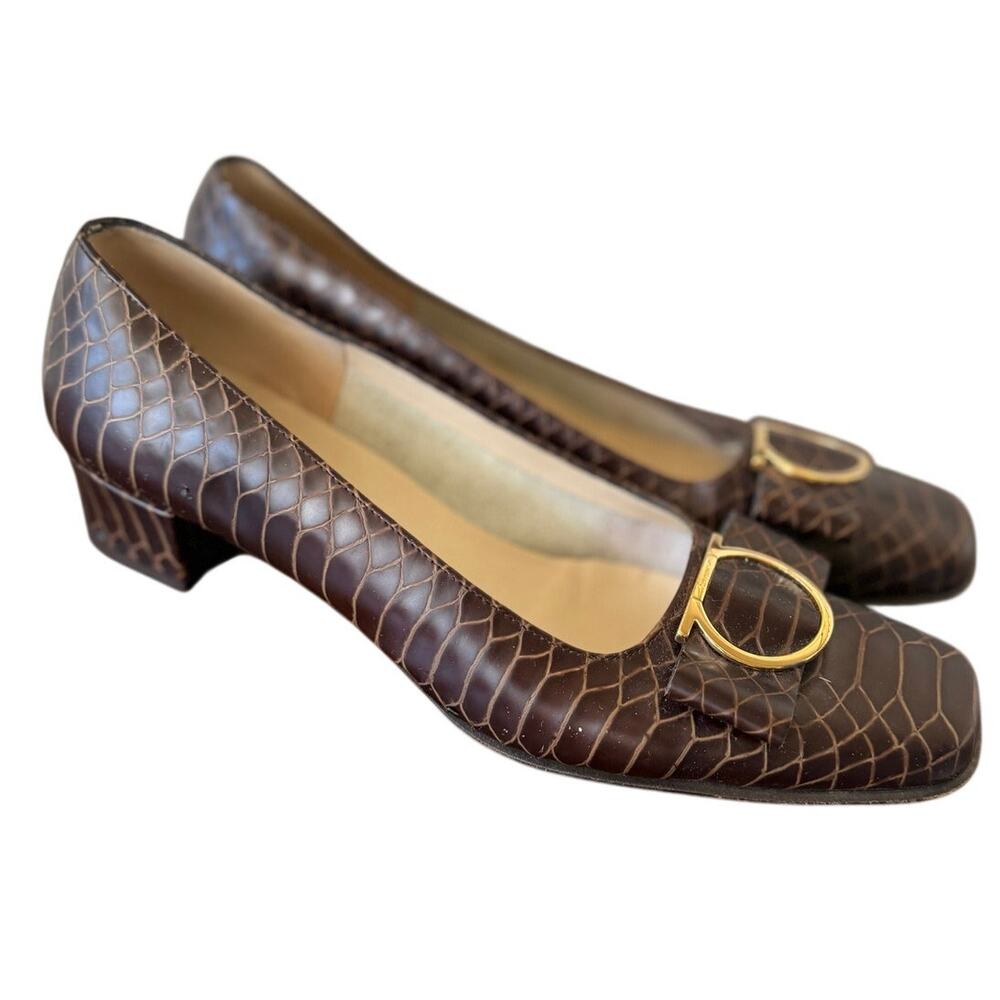 Ferragamo Python Embossed Brown Leather Gold Gancini Logo Low Heel Pumps